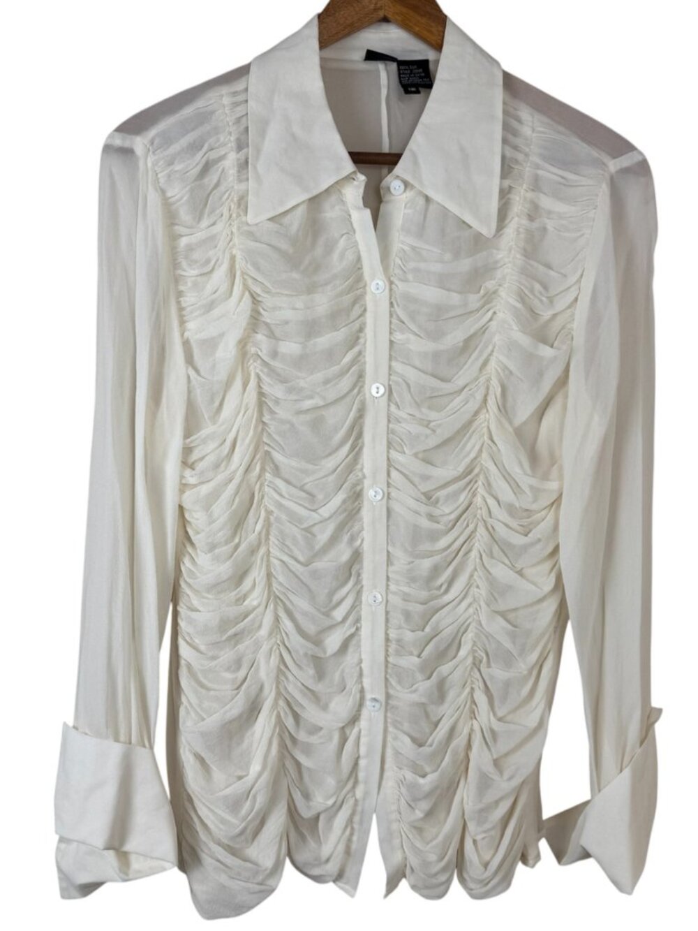 Cami International Vintage Ivory 100% Silk Ruched Button Up Blouse Size 12 Y2K